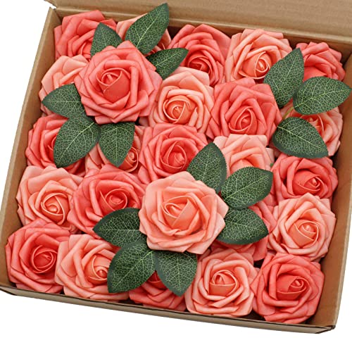 Artificial Flowers 50PCS Real Looking Mixed Living Coral Fake Roses with Stem for DIY Wedding Bouquets Centerpieces Baby Shower Party Home Decorations - color: Mixed Living Coral, size: 3"/50pcs