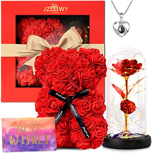 Handmade Gifts for Her Anniversary Romantic,Gorgeous Birthday Gifts Unique Preserved Roses Forever Flowers with I Love You in 100 Languages Necklace Giftsfor Wife Girlfriend Wife Mom Gifts - color: Red Necklace