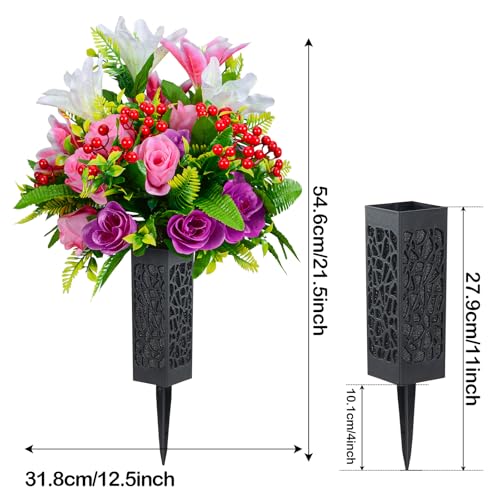 Set of 2 Artificial Cemetery Flowers, Artificial Rose Lily Grave Memorial Flowers with Black Plastic Vase for Cemetery Headstones Gravesite Decoration