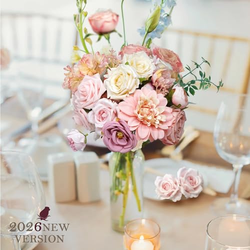 Pink Artificial Flowers Combo Silk Mix Fake Flowers with Stem for DIY Wedding Arch Bridal Bouquets Baby Shower Centerpieces Party Wall Home Decorations - color: Pink,white