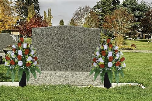 LVXINLI Artificial Cemetery Flowers, Gravesite Decoration Roses, Memorial Bouquets with Cemetery Vase, Vibrant and Long-Lasting Colors (Red + White, 2 Bundles) - color: Red + White