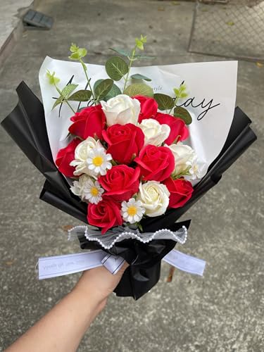 Completed Soap Flowers Bouquet, Handmade Knitted Bouquet, Crochet Artificial Flowers for Mother's Day Birthday, Wedding Home Decor, Gifts for Mom (Red Rose) - style: Red Rose