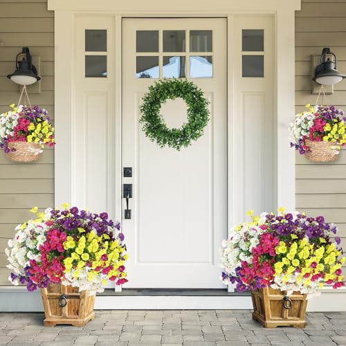 Artificial Flowers for Outdoors 12 Bundles Realistic Faux Plants UV Resistant Fake Silk Morning Glory with Eucalyptus for Front Door Planter Patio Porch Spring Summer Decoration (4 Mixed Color) - color: Mixed 4 Color