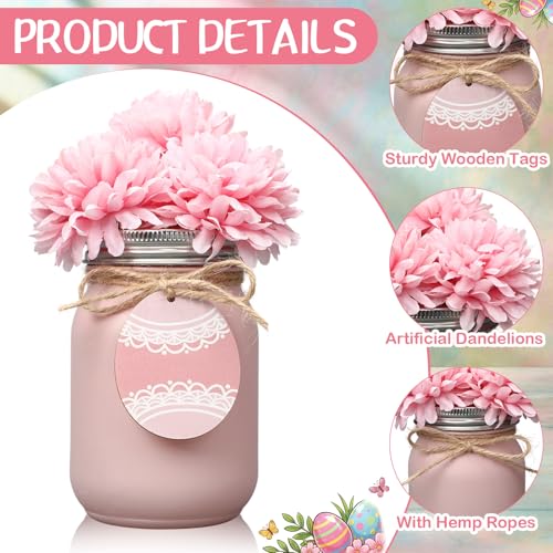 4 Set Spring Table Centerpieces Decoration Spring Mason Jar with Artificial Flowers Wooden Egg Tag Pastel Mason Jar Table Decoration for Home Office Dining Room Kitchen Desk Decor