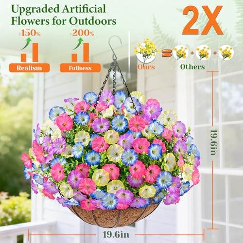Elyum 2 Pack Artificial Hanging Flowers for Outdoors, Fake Flowers Artificial Petunias Hanging Baskets for Outdoors, UV Resistant Fake Hanging Plants Flowers for Outside Garden Patio Porch Decor - color: Mixed Colors 4, size: 2 Pack