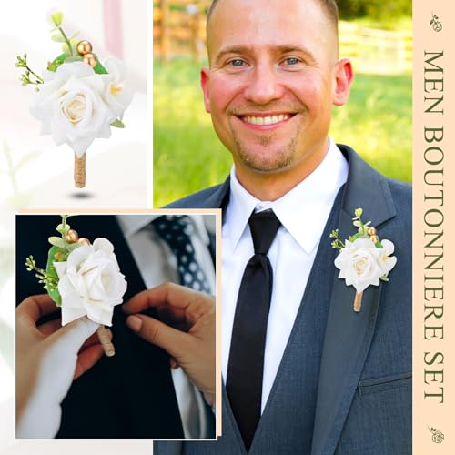 Sherr 12 Pcs Boutonniere for Men Wedding Flower Boutonniere Rose Corsage Set with Pin for Groom Groomsmen Prom Western Wedding Anniversary Dinner Fall Party Decor(White) - color: White