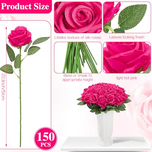 150 Pcs Roses Artificial Flowers,Silk Light Hot Pink Artificial Flowers Fuchsia Petals Long Stem Roses for Wedding Bouquet Home Party Decor - color: Light Hot Pink