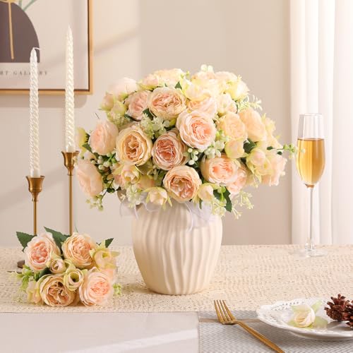 Luyue 8 Packs Peonies Artificial Flowers Vintage Faux Peony Bouquet Fake Flower for Vase Silk Floral Arrangements for Table Centerpiece Wedding Decoration Indoor Home Decor - color: Champange-8pcs