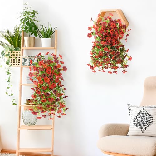 INQCMY 2Pcs Artificial Fake Hanging Flowers for Outdoors UV Resistant Artificial Plants for Spring Summer Decor Look Real Faux Flowers for Outside Home Planter Porch Patio Decor - color: Red Brown