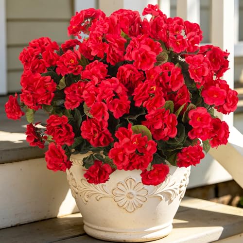 Ammyoo Artificial Geranium Flowers for Outdoors Decoration, 6 Pcs Fake Silk Geraniums Flower UV Resistant Look Real Faux Plants for Spring Garden Porch Planter Yard Table Centerpieces Decor - color: A-red