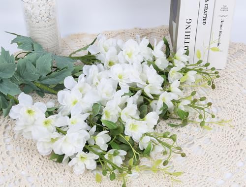 8PCS Artificial Delphinium White Flowers with Clematis Greenery Long Stem Artificial Flowers Cream for Tall Vase for Home Wedding Floral Arrangement Centerpiece Table Decor (Cream White) - color: Cream White