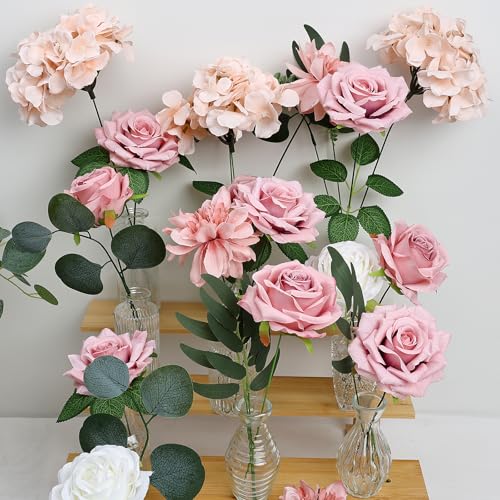 Artificial Flowers Combo Set, Fake Silk Flowers Decor with Stems for DIY Roses Wedding Party Centerpieces Bridal Bouquets Cake Decorations Arrangements Indoor Outdoor(Dusty Pink) - color: Dusty Pink
