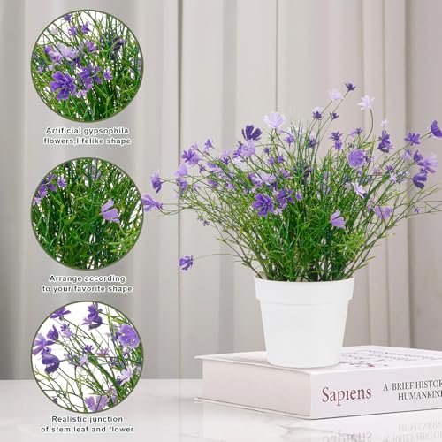 Babys Breath Potted Fake Plants with Flowers Faux Plants Indoor for Home Office Bookshelf Table Farmhouse Room Decor (Purple) - color: Purple