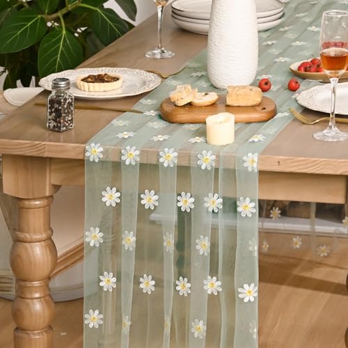 Artoid Mode Sage Green Daisy Gauze Embroidery Table Runner 120 Inch 10FT, Tulle Seasonal Spring Kitchen Dining Holiday Table Decor for Home Party - color: Sage Green