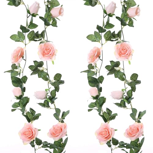 Felice Arts 2 Pack Pink Artificial Flower Garland, Each 6.5FT Fake Rose Vines, Hanging Floral Rose Garland for Wedding Baby Shower Swing Table Home Party Decor - color: Pink