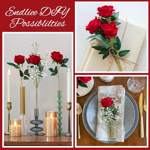 HyeFlora 35 PCS Artificial Red Roses with 15 PCS Fake Baby Breath Realistic Fake Flowers Bouquet with Long Stem for DIY Wedding Party Home Decoration Vase Tables Centerpieces Arrangements Gift for Her - color: 35 Pcs Red Roses With 15 Pcs Baby Breath