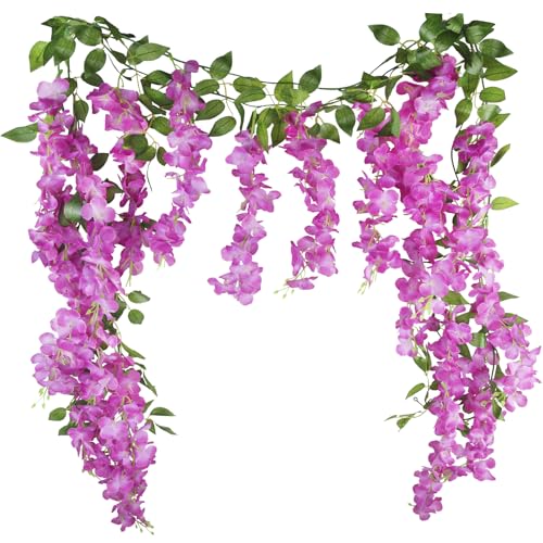 CISDUEO 2 Pcs Wisteria Hanging Flowers Wisteria Flowers Vine Garland Wedding Arch Decoration Purple Red Artificial Wisteria Vines Hanging Flower Vines Silk for Party Garden Home Table Backdrop 7 Feet - color: Purple Red
