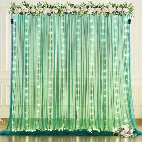 Hunter Green Tulle Backdrop Curtains with Lights String for Parites 10x8ft Sheer Backdrop Curtains Drapes for Birthday Party Bridal Shower Baby Shower Photo Booth Background Decorations - color: Hunter Green, size: 10 ft X 8 ft(2 Panels 5ft X 8ft)