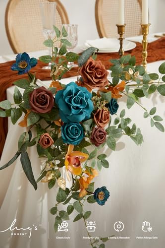 Ling's moment 2PCS Burnt Orange Artificial Flower Garland Wedding Arch Flowers Floral Swags Centerpieces Teal Blue Rose Terracotta Garlands Greenery for Table Easel Wall Entryway Board Backdrop - color: Or-teal & Terracotta