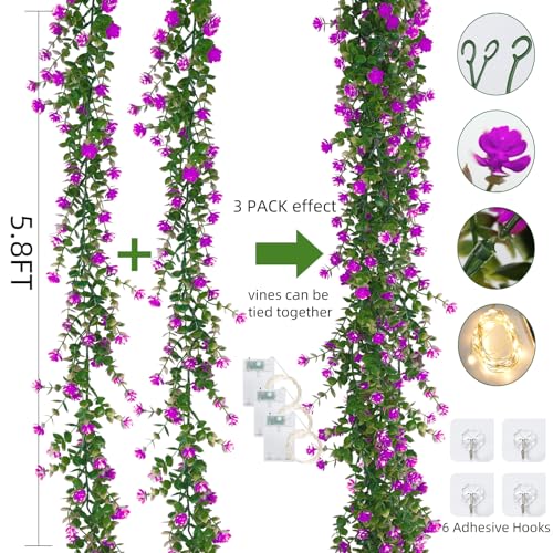 RECUTMS Artificial Garland Greenery Hanging Spring Lighted Garland Artificial Vine Plants Spring Eucalyptus Vine with Lights for Indoor Outdoor Home Wedding Mantel Party Kitchen Decor(Fuchsia) - color: Fuchsia With Lights