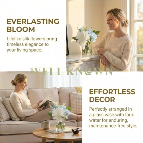 WELL KNOWN Artificial Flowers in Glass Vase with Fake Water, Silk Rose Dahlia Peony Flower Bouquet for Home Dining Coffee Table Office Hotel Wedding Party Lavatory Decor & Birthday Gift (Blue & White) - color: Blue &White