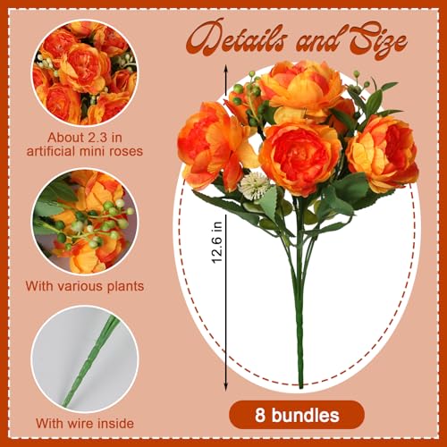 8 Bundles Orange Artificial Peonies Flowers Fake Silk Hydrangea Bouquet Faux Peonies Flowers Bulk for Fall Decoration Vase Florals Arrangements Wedding Party Table Centerpiece - color: Orange