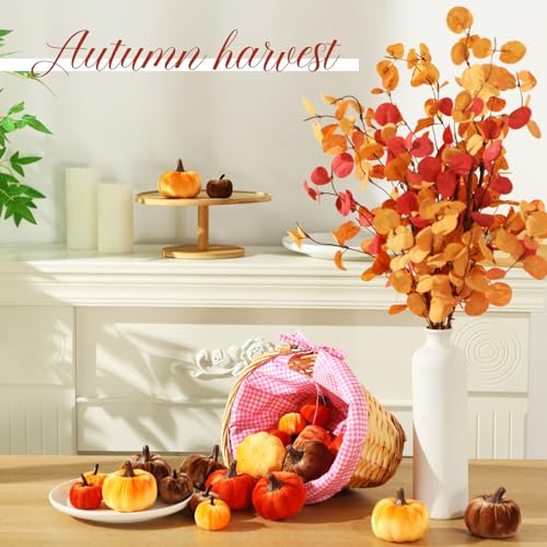 Conelist 24 Pcs Fall Mini Velvet Pumpkin 6 Pcs Autumn Artificial Eucalyptus Stem with Eucalyptus Leaves Artificial Small Pumpkin for Farmhouse Harvest Thanksgiving Party Home Decoration