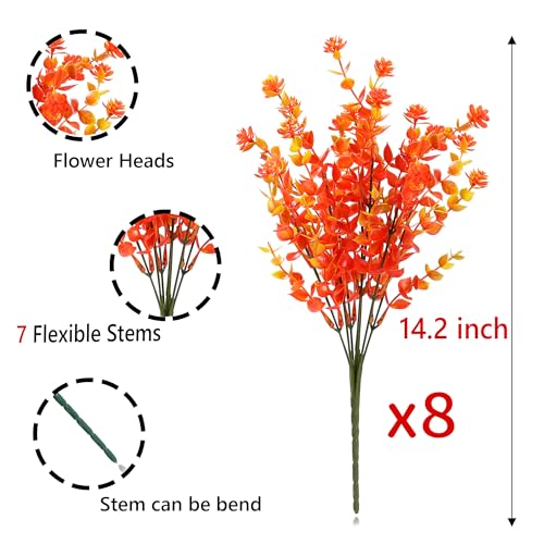 SITUMEIZI Artificial Mums for Outdoor Fall Flowers,Faux Flower Eucalyptus Leaves Fake Plants Greenery Outside Plastic Proch Patio Front Fall Halloween Thanksgiving Decorations(8Pcs,Orange) - color: Orange