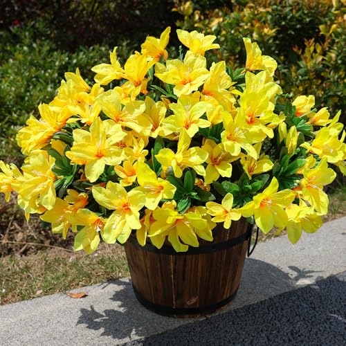 INSPRING Artificial Azalea Flowers Fake Plants for Outdoors Spring Summer Decoration, 3 Bundles UV Resistant Faux Silk Outside Flowers Look Real for Outdoor Planter Front Door Patio Garden, Yellow - color: Yellow