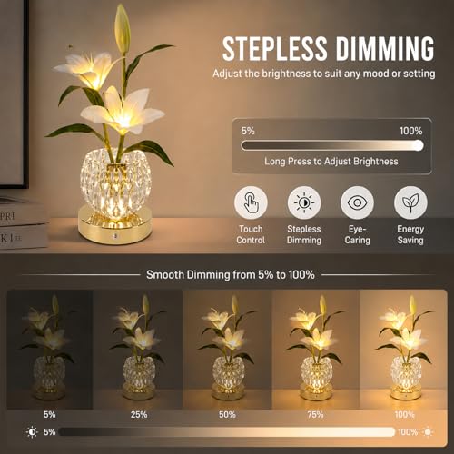 Lily Flower Lamps, 3 Colors Touch Stepless Dimming Glass Night Light, Rechargeable Artificial Flower Light, LED Flower with Vase Lamp Romantic Decor for Date Party Home (White - Lily) - color: White - Lily