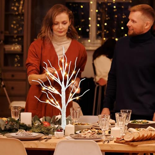 PEIDUO Artificial Tree for Christmas Decorations, 2FT Birch Tree with LED Lights, Warm White Fairy Lights Spirit Tree Lamp for Home Indoor Tabletop Centerpiece, Battery Powered, Timer - style: Birch Tree