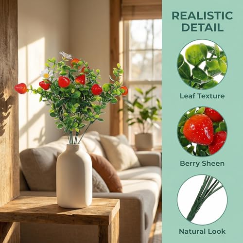 TOYANDONA 3 Pcs Artificial Eucalyptus Stems with Faux Strawberry Branches Realistic Greenery Bouquet for Home Decor Wedding Centerpieces Office and Party Decoration