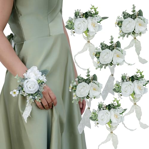 White Corsages for Wedding(Set of 6),Corsages for Prom,Party Prom Hand Flower Decor,Mother of The Bride Corsage,Bridesmaid Wrist Corsage - color: White&greenery