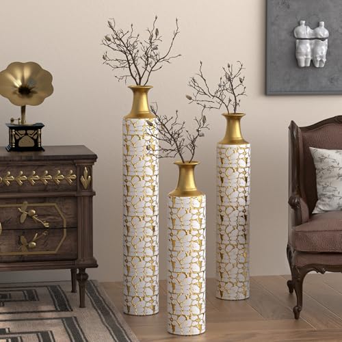 Floor Vases, Tall Home Decor Metal Vase Set of 3 Large Glazed Decorative Vases for Wedding Decor, Elegant Modern Flower Holder for Living Room, Entryway, Hallway - color: Pebble Ivory Gold