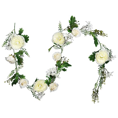 Lvydec 2 Pack Artificial Peony Garland - 6ft Silk White Peony Flower Arch Vine for Wedding Party Table Decoration
