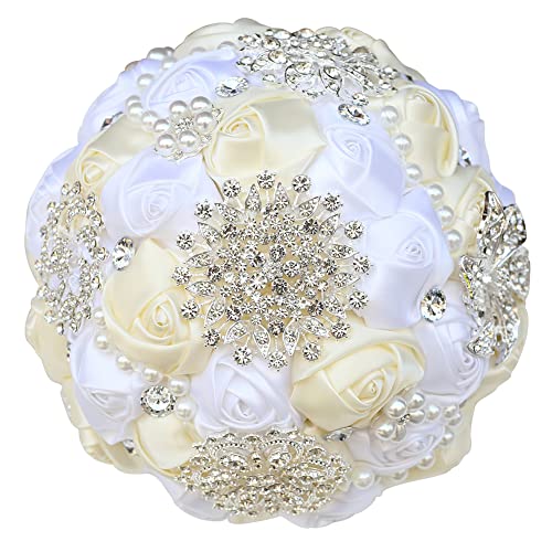 Sharebeauty 7.9 Inch Handmade Satin Rose Bridal Bouquet Toss Round Wedding Bouquet Throw Toss Artificial Flower Bunch Ivory + White - color: W3217d02 Ivory/White