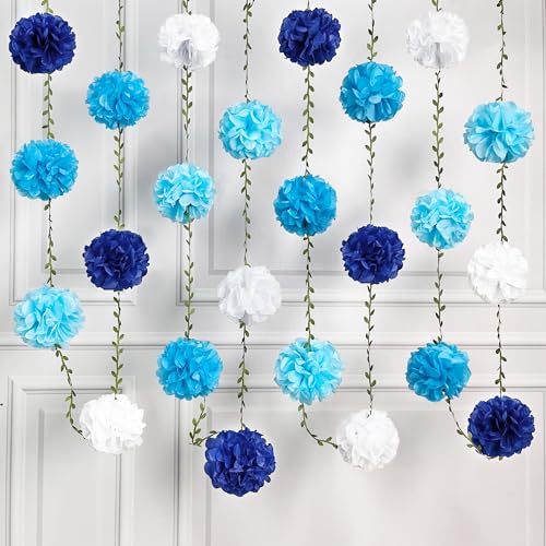 Blue White Party Decorations Ombre Blue Tissue Paper Flowers Pom Pom with Leaf Ribbon Hanging Garland Streamer for Birthday Baby Shower Wedding Under The Sea Nautical Ahoy Achor Party Supplies - color: Blue