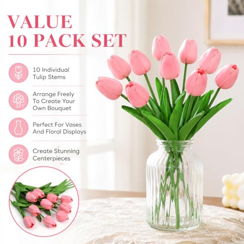 10 Pack Tulips Artificial Flowers PU Faux Flowers Fake Tulips for Home Kitchen Wedding Dining Table Decorations Mother's Day Easter Valentine's Day Decor (Pink) - color: Pink