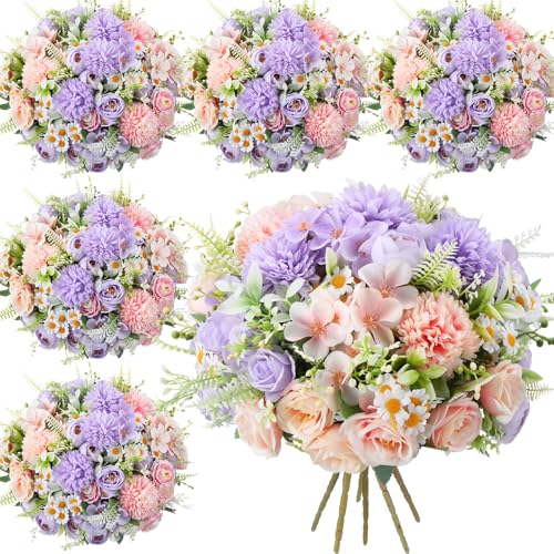 Tigeen 6 Bundles Artificial Bouquet Flowers Artificial Peonies Faux Roses Hydrangea Flowers Bouquet for Wedding Table Centerpiece Floral Vase Decor (Pink,Purple) - color: Pink,purple