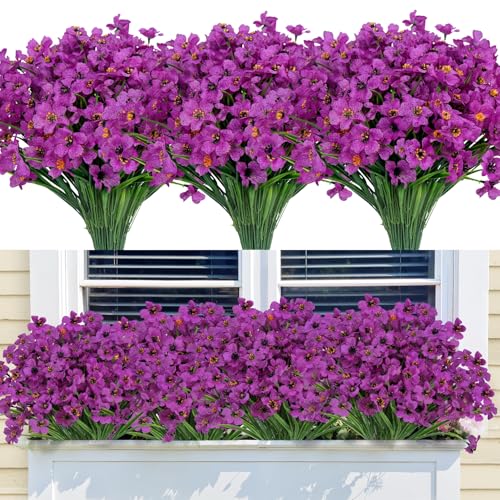 Bassion 24 Bundles Artificial Flowers for Outdoors Decoration, UV Resistant Purple Silk Fake Faux Flowers Artificial Plants for Outside Window Box Porch Garden Home Decor - color: Purple