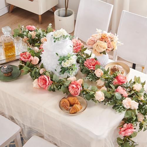 Artificial Flower Garland 3pcs 5.9ft Champagne Pink Floral Peony Vine Decor | PONKING Fake Rose Vine Flowers Hanging Faux Roses String for Room Party Home Wedding Birthday Wall Arch Decoration - color: Huge Flower Champagne Pink Vines 5.4ft