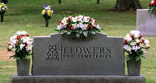 Sympathy Silks Artificial Cemetery Flowers - Grave Decoration - Red Tulips and White Iris (1) Headstone Saddle (2) Bouquets - color: Red/White, size: (1) Saddle (2) Bouquets