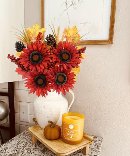 Briful Set of 2 16in Fall Burgundy Sunflower Picks and Sprays with Pinecones Berries Maple Leaves Artificial Fall Floral Branches Stems for Autumn Home Wedding Party Vase Centerpieces Decor - color: Burgundy