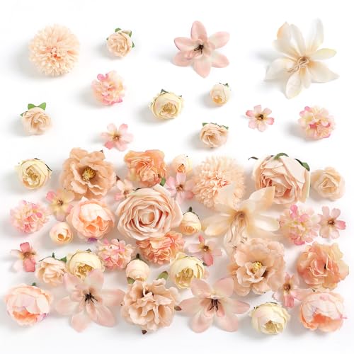 rongflower Fake Flower Heads for Crafts - Champagne Silk Artificial Roses, Peonies, Daisies & Mini Floral Heads Bulk (48-Pack) for Wedding Decor, Graduation Cap, Cake Topper, Home Decoration - color: Champagne