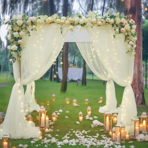 10ft x 8ft Ivory Backdrop Curtain with Lights String for Parties, Sheer Tulle Wedding Photo Backdrops Drapes for Baby Shower Birthday Party Decorations Background for Photography - color: Ivory, size: W5' x H8'(2 panels)