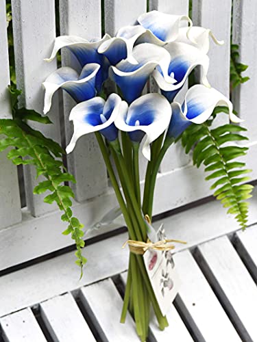 FiveSeasonStuff Real Touch Calla Lily Artificial Flowers Wedding Bridal Bouquet | Floral Arrangements | 15 Calla Lilies (Silk White & Abyss Blue) - color: Silk White & Abyss Blue
