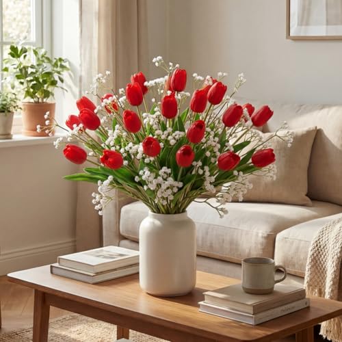 Hotop 30pcs 24 Inch Tulips Artificial Flowers Mother's Day Fake Tulip Fake Baby's Breath Flower Artificial Flower Decorations Bouquet for Home, Wedding, DIY Gift Party(Red, White) - color: Red,white