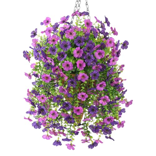 INQCMY Artificial Hanging Flowers with Basket for Spring Outdoor Decoration 3 Bunches of Silk Daisy Flower Uv Resistant for Garden Porch Patio Balcony Yard Decor (Purple1) - color: Purple1