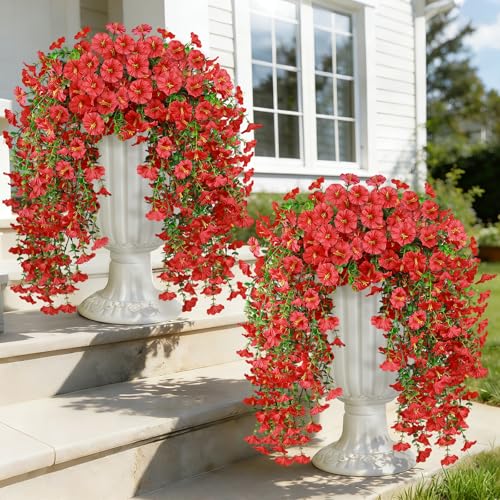 4PCS Artificial Hanging Flowers for Outdoors, 600 Blooms UV Resistant Morning Glory Vine Fake Flowers with Eucalyptus, Realistic Silk Faux Hanging Plants Decorations for Porch Patio Garden(Red) - color: Red, size: 4PCS