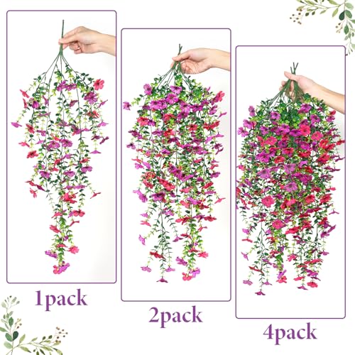 Betylifoy 4PCS Artificial Hanging Flowers Fake Hanging Plants for Outdoors UV Resistant Faux Silk Orchid Flowers Greenery Long Trailing Vines for Indoor Outside Garden Porch Decor (Purple&Rose Red) - color: Purple&rose Red
